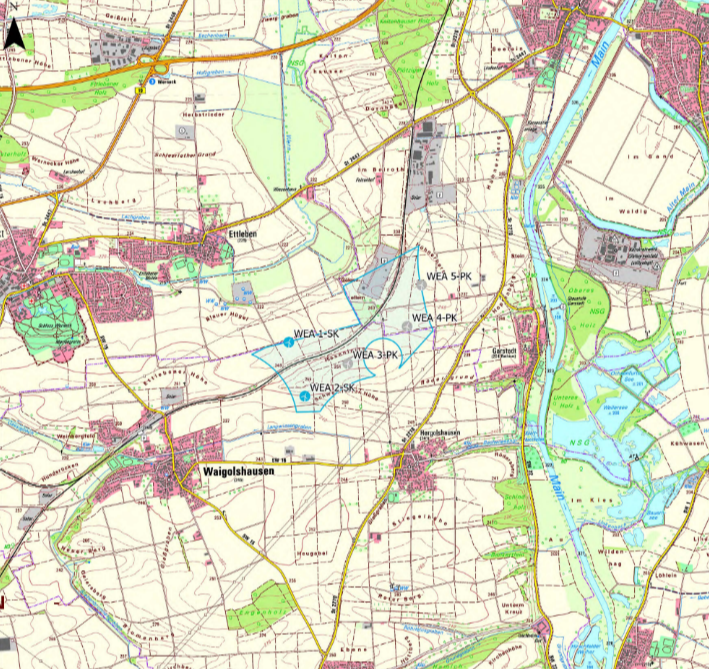 Karte mit dem eingezeichneten Gebiet des zukünftigen Windparks