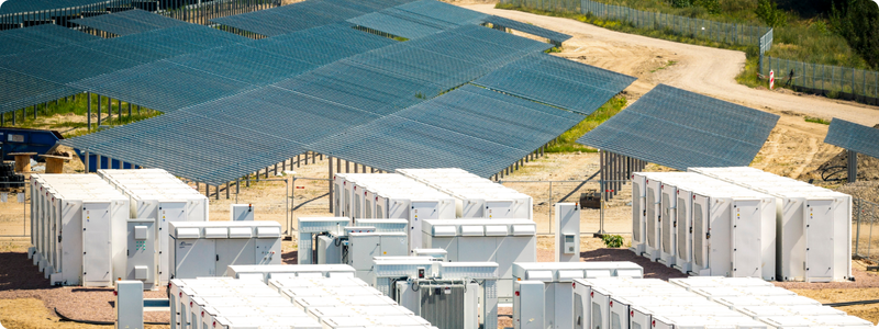 Batteriespeicher vor Solarpanelen