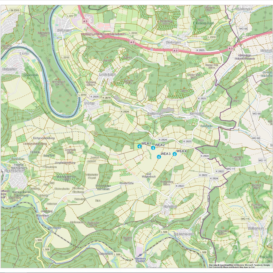 Lageplan für das Repowering wuf den Windpark Wertheim